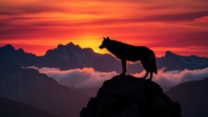 Mountain Wolf Silhouette at Sunset – free AI stock image