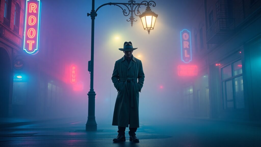 Mystery Beneath the Neon Lights – free AI stock image