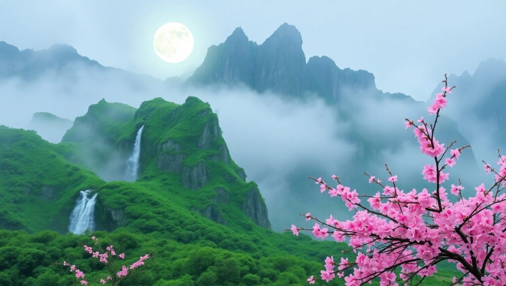 Mystic Mountains and Cherry Blossoms – free AI stock image