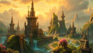 Mystical Bronze City at Sunset – free AI stock image