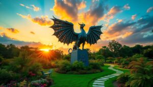 Mystical Bronze Creature in Garden – free AI stock image