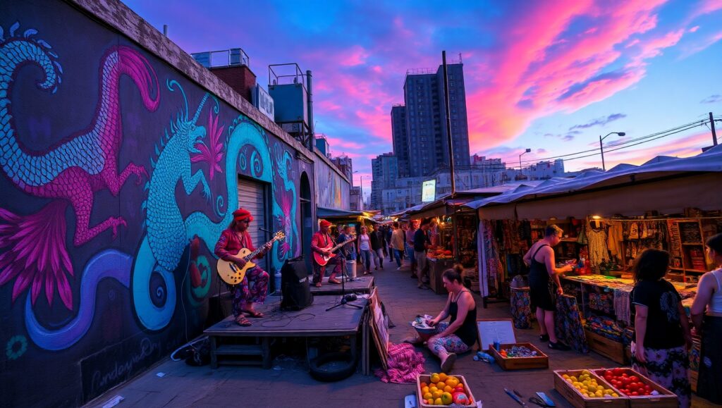Mystical Cityscape Graffiti Encounter – free AI stock image