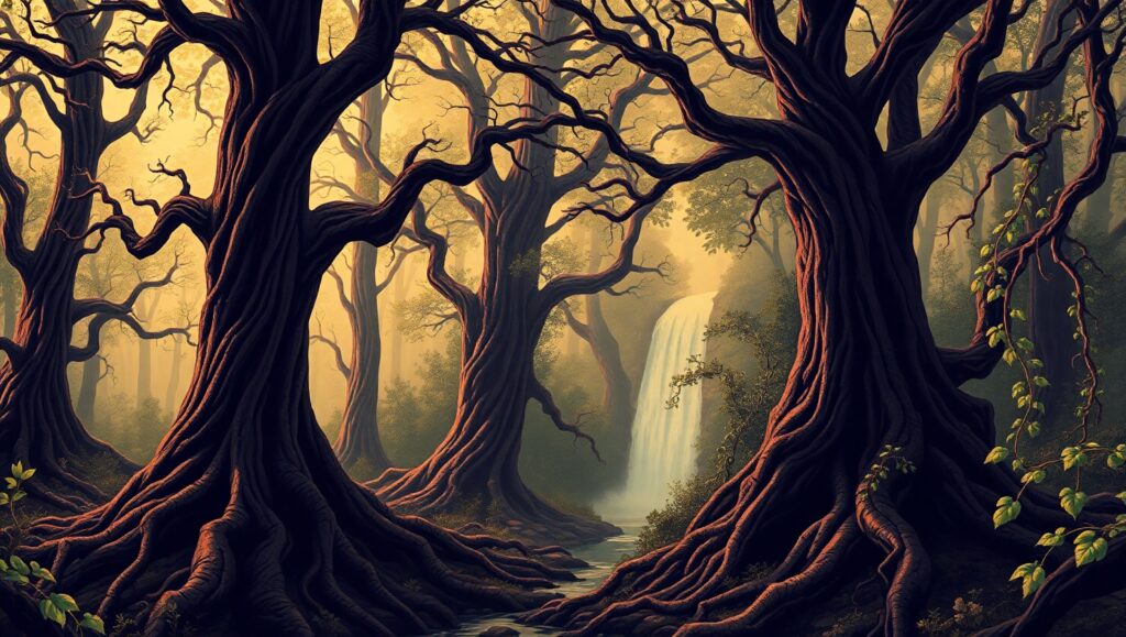 Mystical Forest in Woodcut Style – free AI stock image