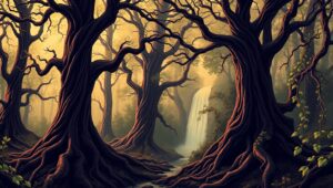 Mystical Forest in Woodcut Style – free AI stock image