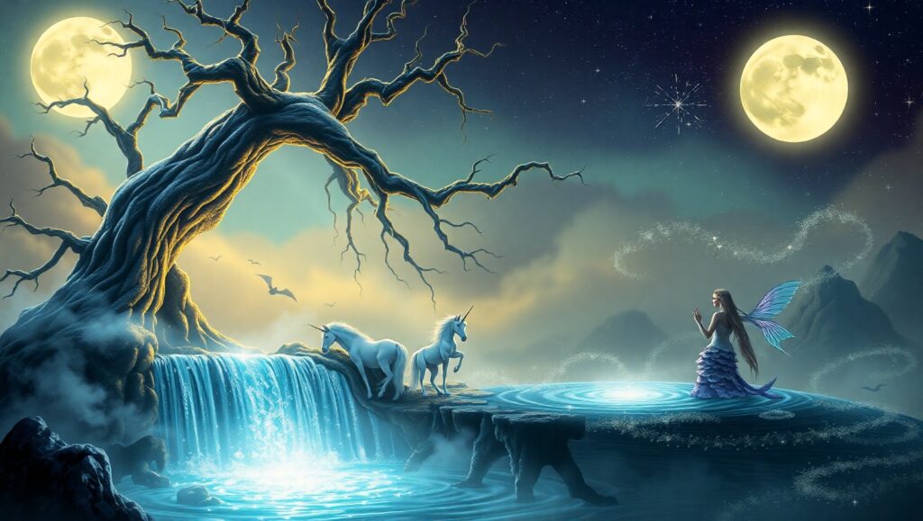 Mystical Gathering at Enchanted Falls – free AI stock image