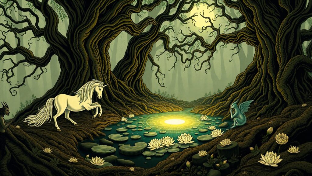 Mystical Gathering in Ancient Forest – free AI stock image