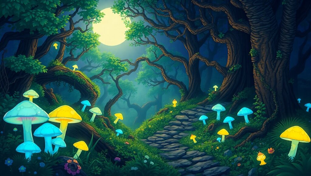 Mystical Glade of Glowing Mushrooms – free AI stock image