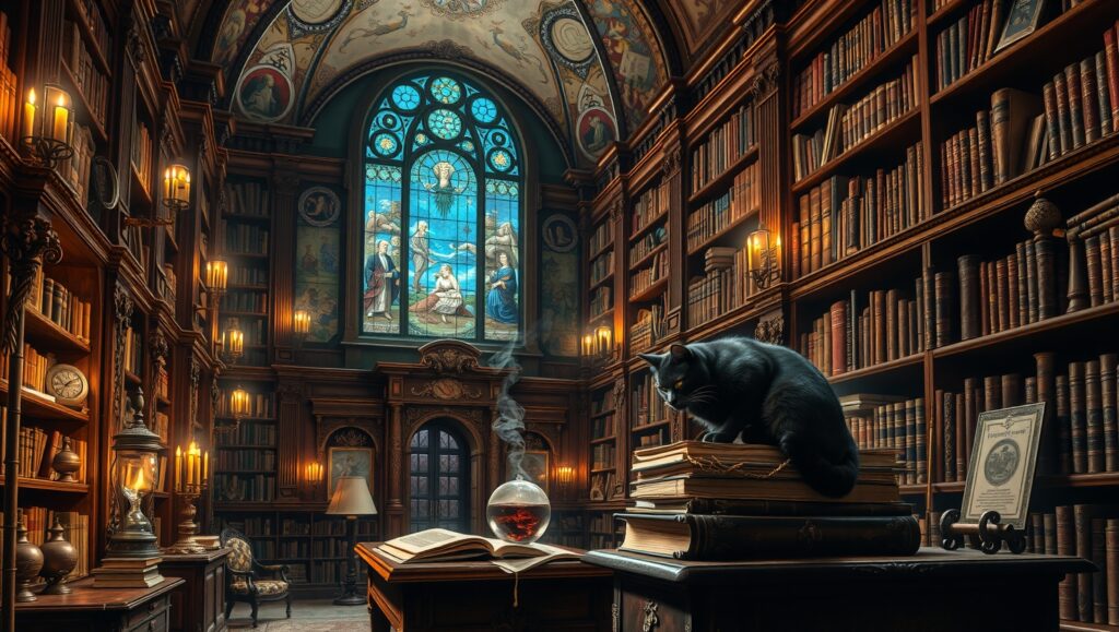 Mystical Library at Night – free AI stock image