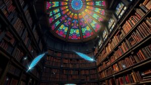 Mystical Library of Glowing Knowledge – free AI stock image