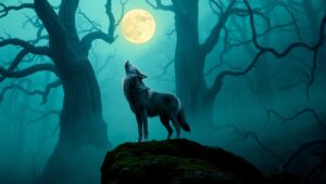 Mystical Moonlit Forest with Wolf – free AI stock image