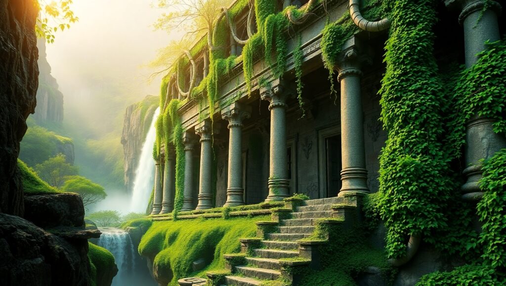Mystical Overgrown Temple Landscape – free AI stock image