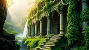 Mystical Overgrown Temple Landscape – free AI stock image