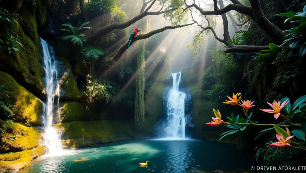 Mystical Rainforest Waterfall Scene – free AI stock image
