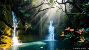 Mystical Rainforest Waterfall Scene – free AI stock image