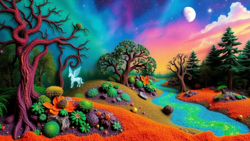 Mystical Sand Art Forest Scene – free AI stock image