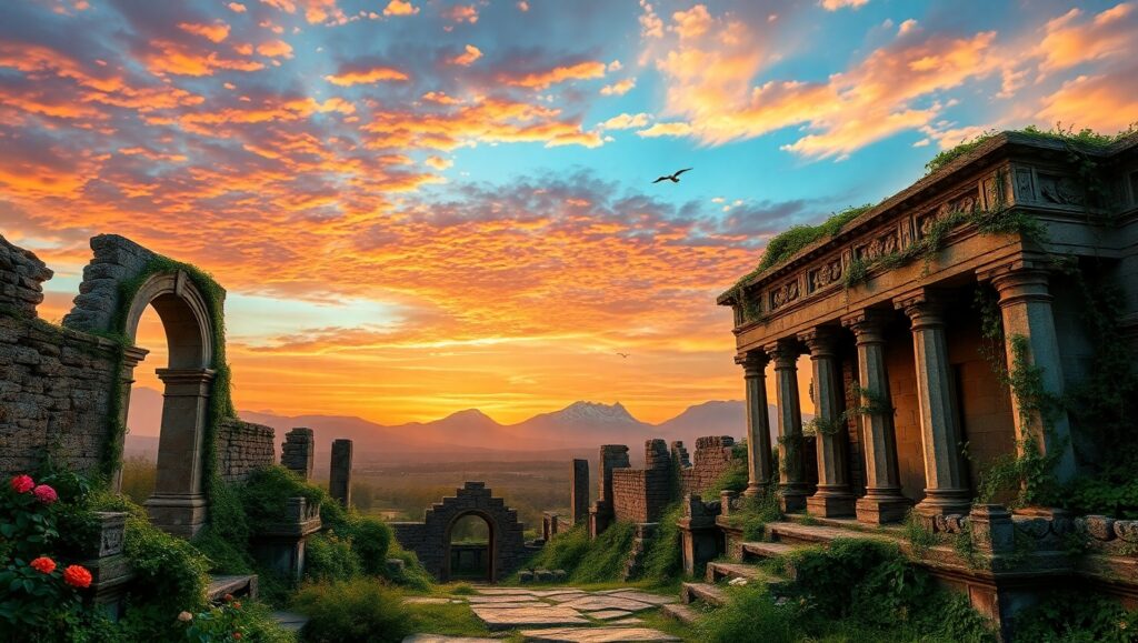 Mystical Sunset Over Ancient Ruins – free AI stock image