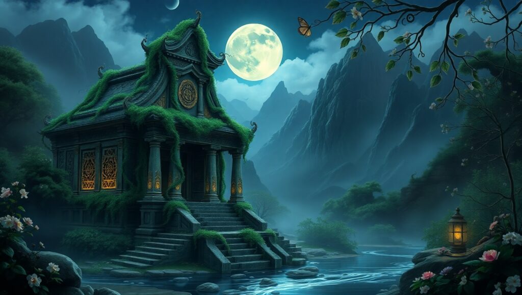 Mystical Temple Among Ruined Mountains – free AI stock image