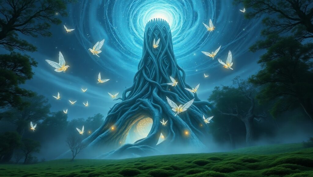 Mystical Tower of Celestial Vines – free AI stock image