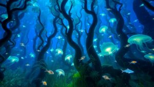 Mystical Underwater Forest of Light – free AI stock image