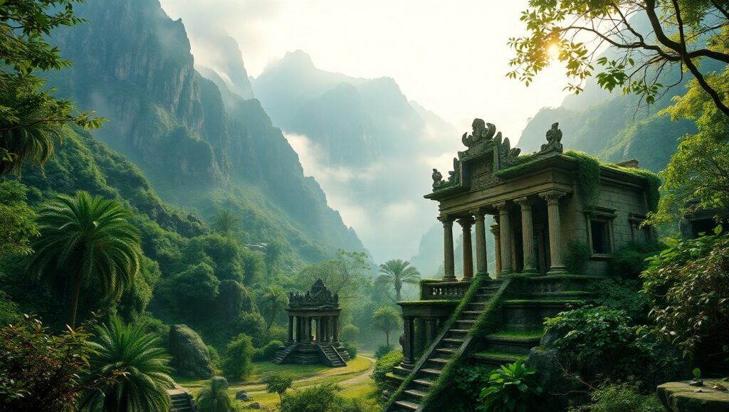 Mystical Valley of Ancient Ruins – free AI stock image