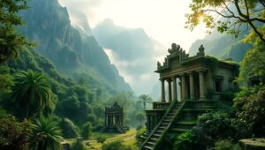Mystical Valley of Ancient Ruins – free AI stock image