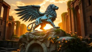 Mythical Bronze Creature Among Ruins – free AI stock image