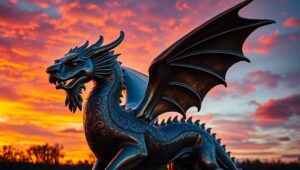 Mythical Bronze Creature at Sunset – free AI stock image