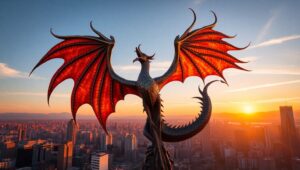 Mythical Bronze Creature in Flight – free AI stock image