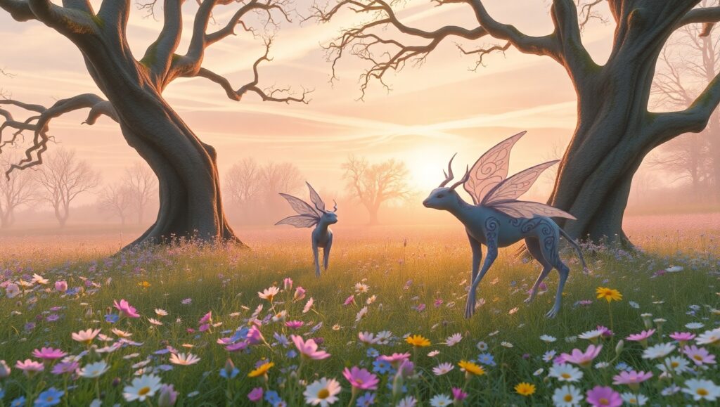 Mythical Creatures in Blooming Forest – free AI stock image