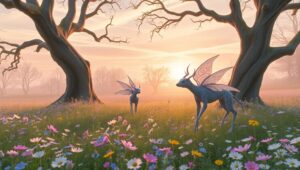 Mythical Creatures in Blooming Forest – free AI stock image