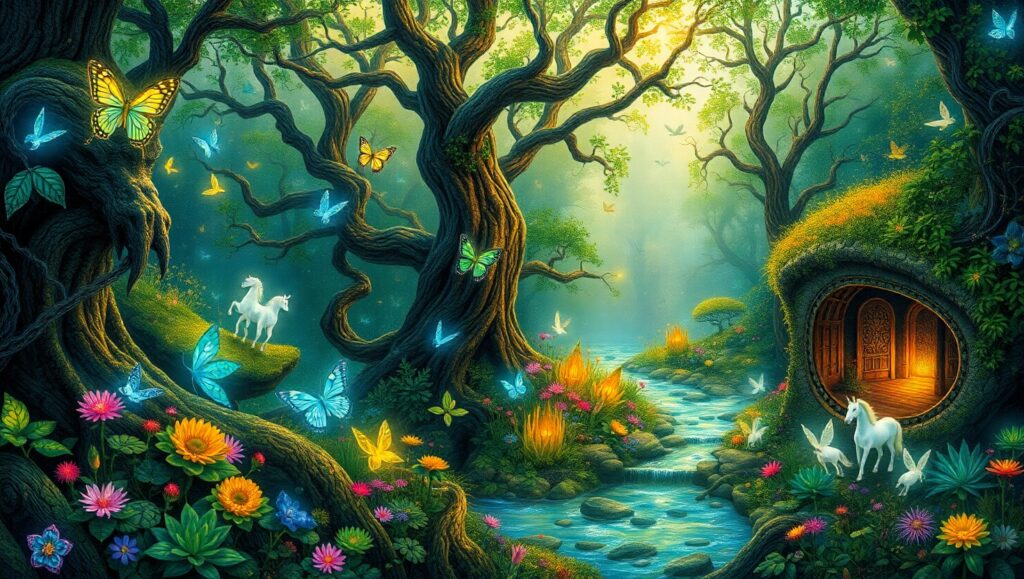 Mythical Forest Mosaic Adventure – free AI stock image