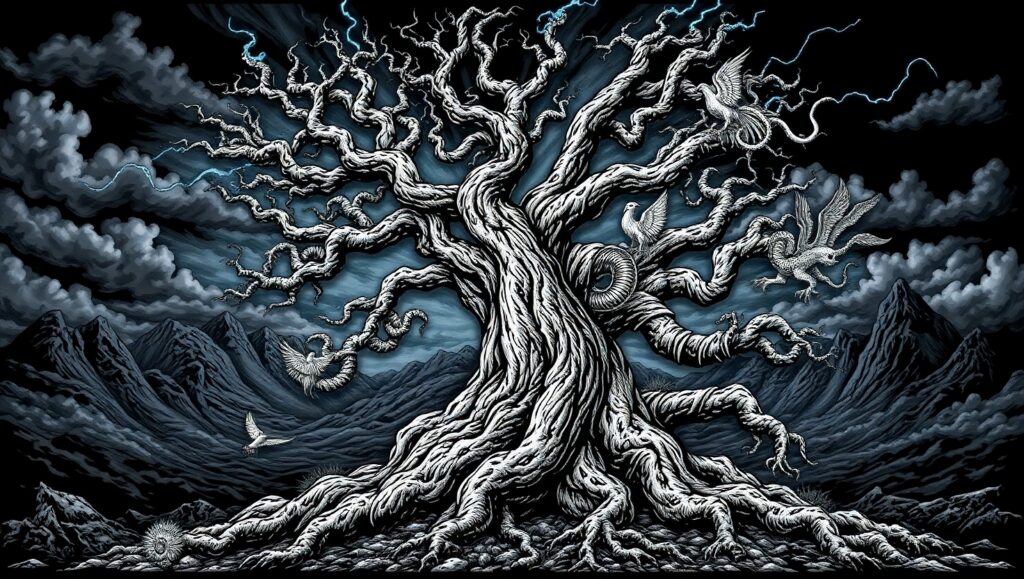 Mythical Tree and Creatures Scene – free AI stock image