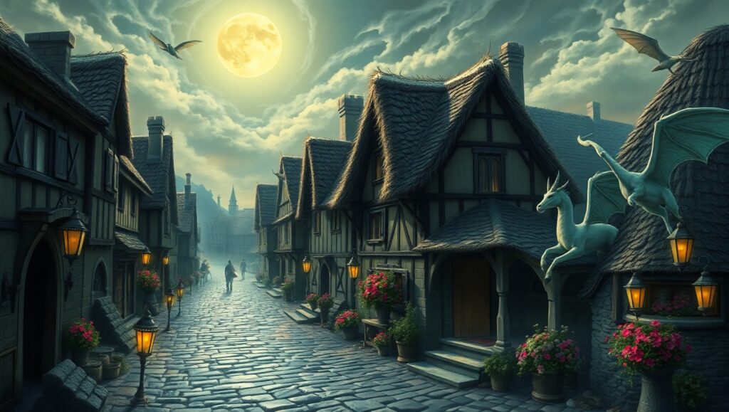 Mythical Village Under Celestial Skies – free AI stock image