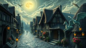 Mythical Village Under Celestial Skies – free AI stock image