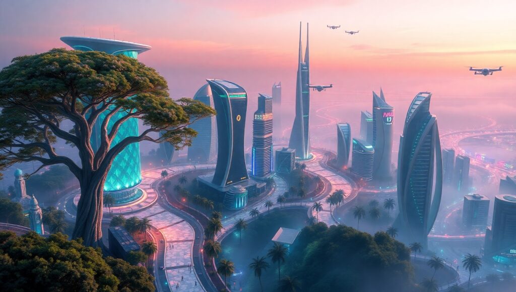 Nature-Infused Futuristic Cityscape lrH – free AI stock image