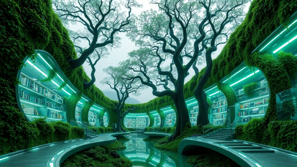 Nature-Infused Futuristic Library Design – free AI stock image