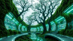 Nature-Infused Futuristic Library Design – free AI stock image