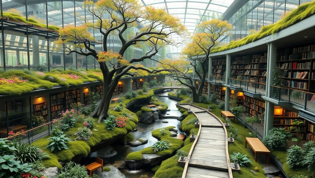 Nature-Integrated Futuristic Library Design – free AI stock image