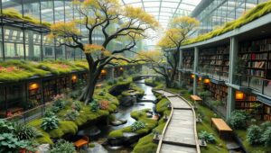 Nature-Integrated Futuristic Library Design – free AI stock image