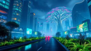 Nature Meets Future in Urban Harmony – free AI stock image