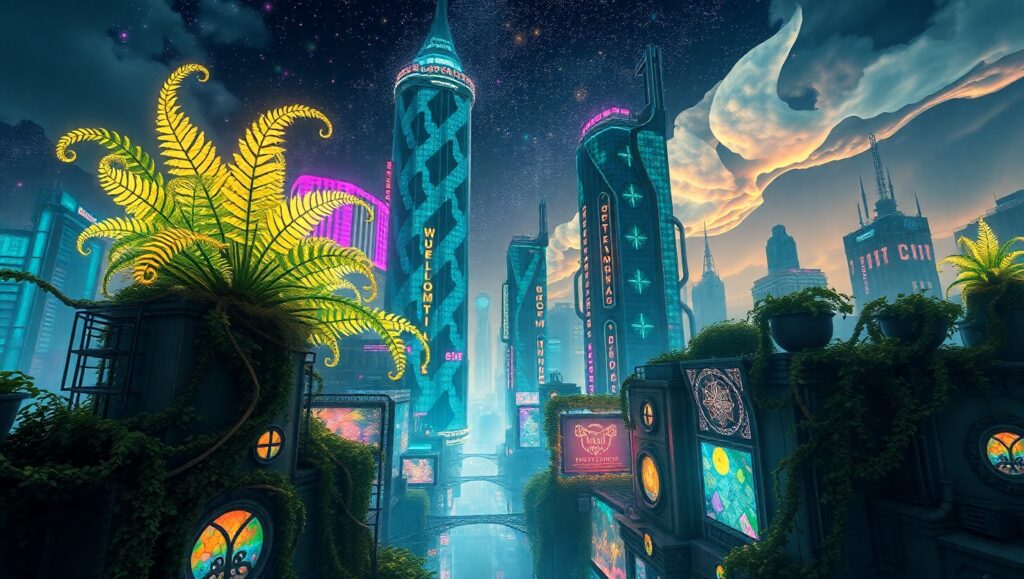 Nature Meets Futuristic Cityscape – free AI stock image