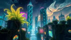 Nature Meets Futuristic Cityscape – free AI stock image