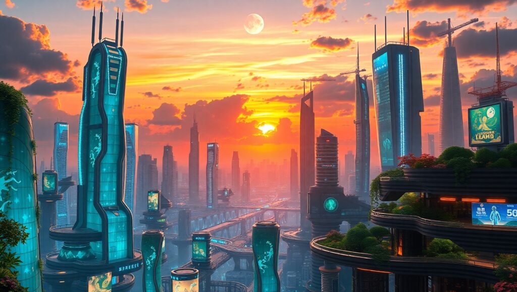 Nature Meets Futuristic Urban Life – free AI stock image
