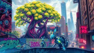Nature Meets Tech in Urban Graffiti – free AI stock image