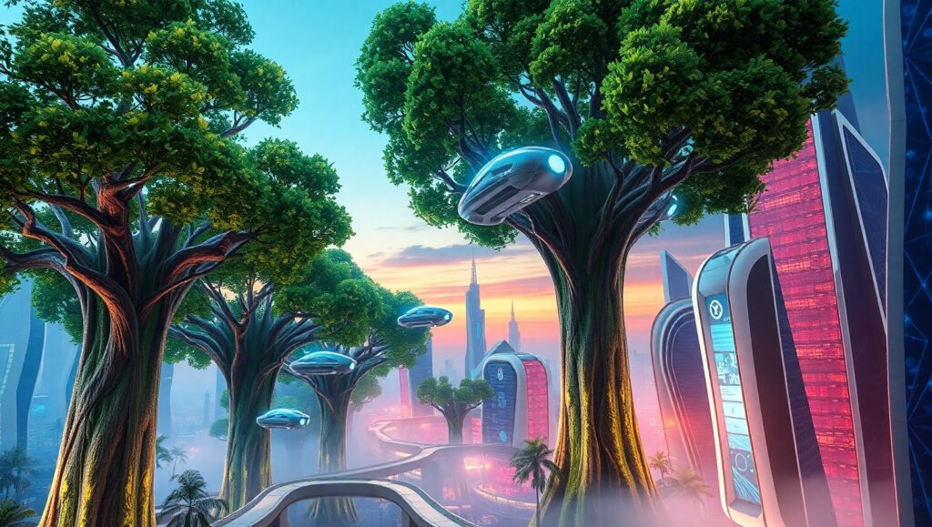 Nature Meets Technology in Cityscape – free AI stock image