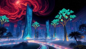Nature Meets Technology in Future City – free AI stock image
