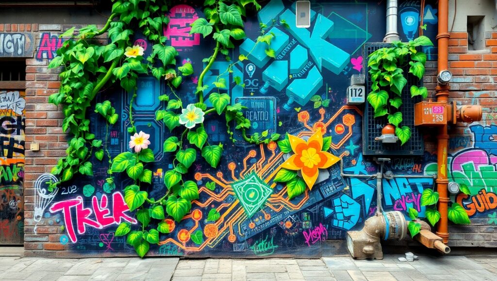 Nature Meets Technology in Street Art – free AI stock image