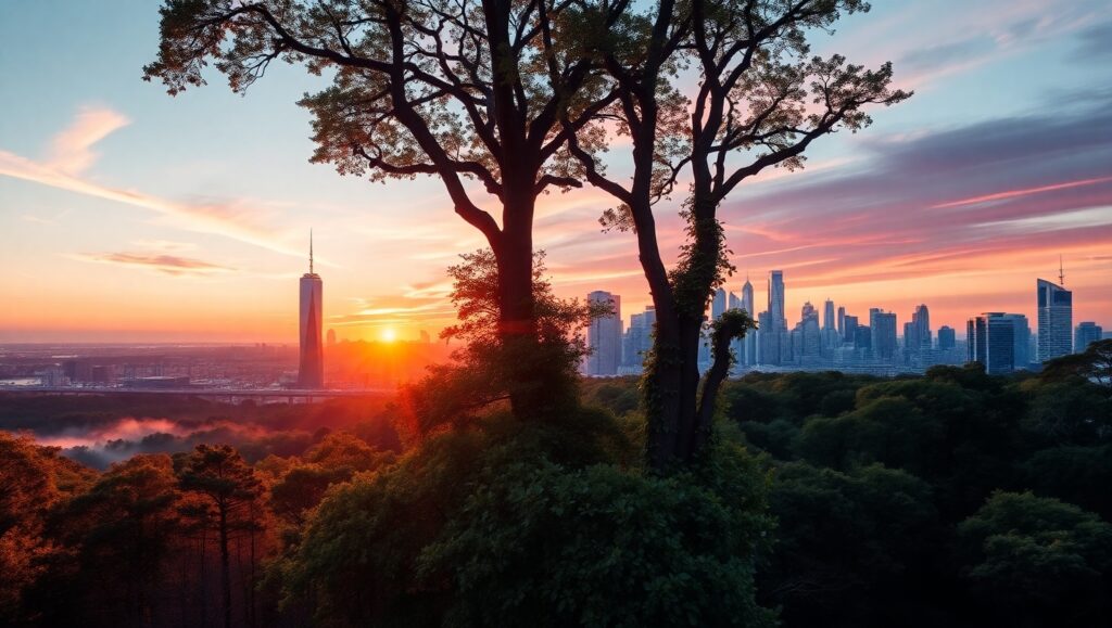 Nature Meets Urban: A Double Exposure 89n – free AI stock image