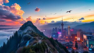 Nature Meets Urban: A Dual Landscape – free AI stock image