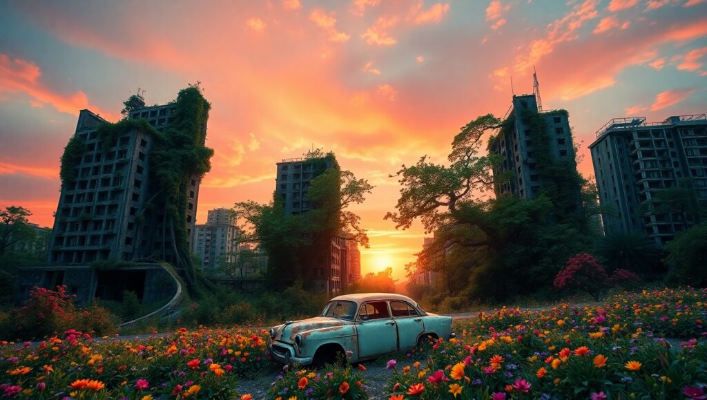 Nature Reclaims a Fallen City h39 – free AI stock image